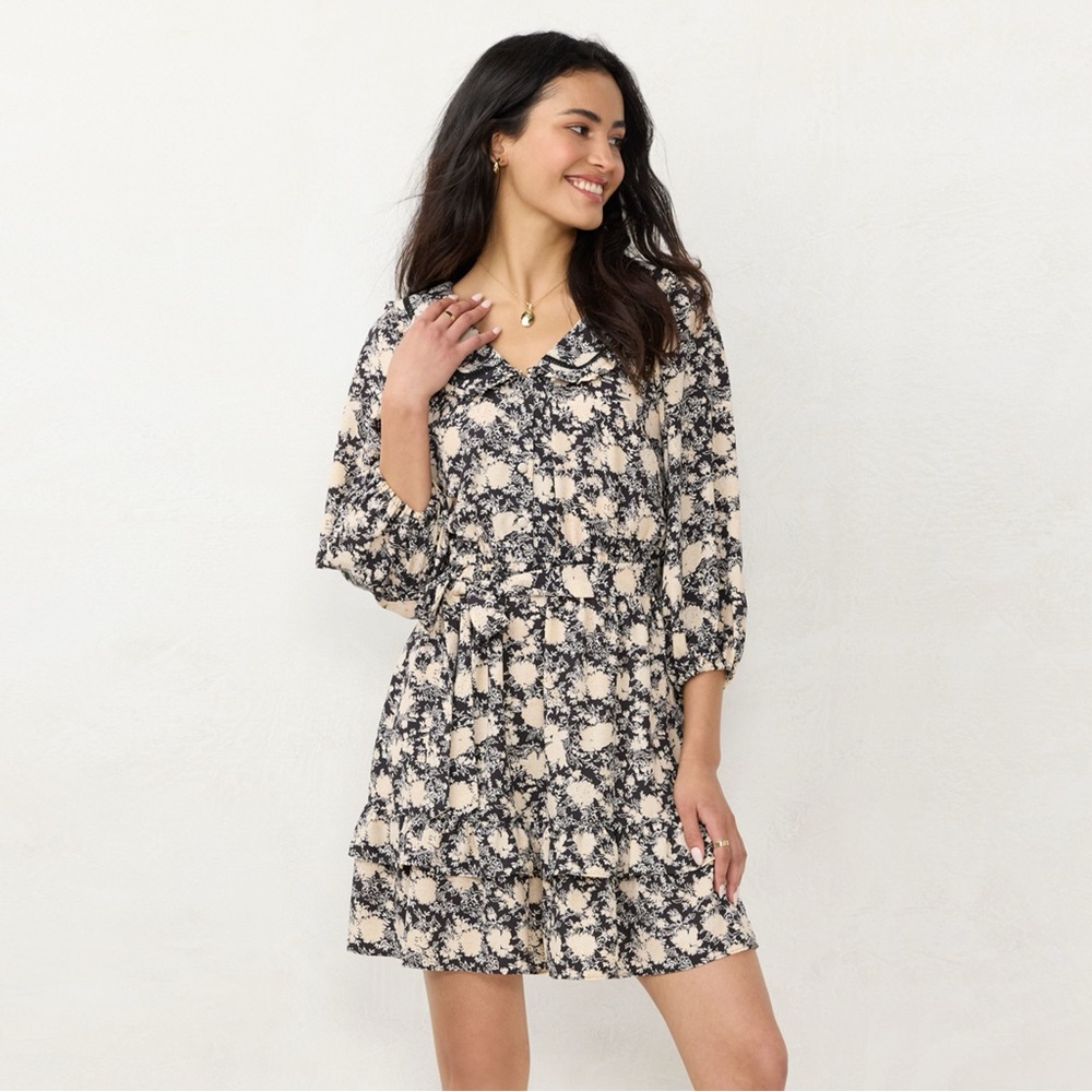 LC Lauren Conrad Womens Size L Black Floral Ruffle‎ Chiffon Collared Shirt Dress